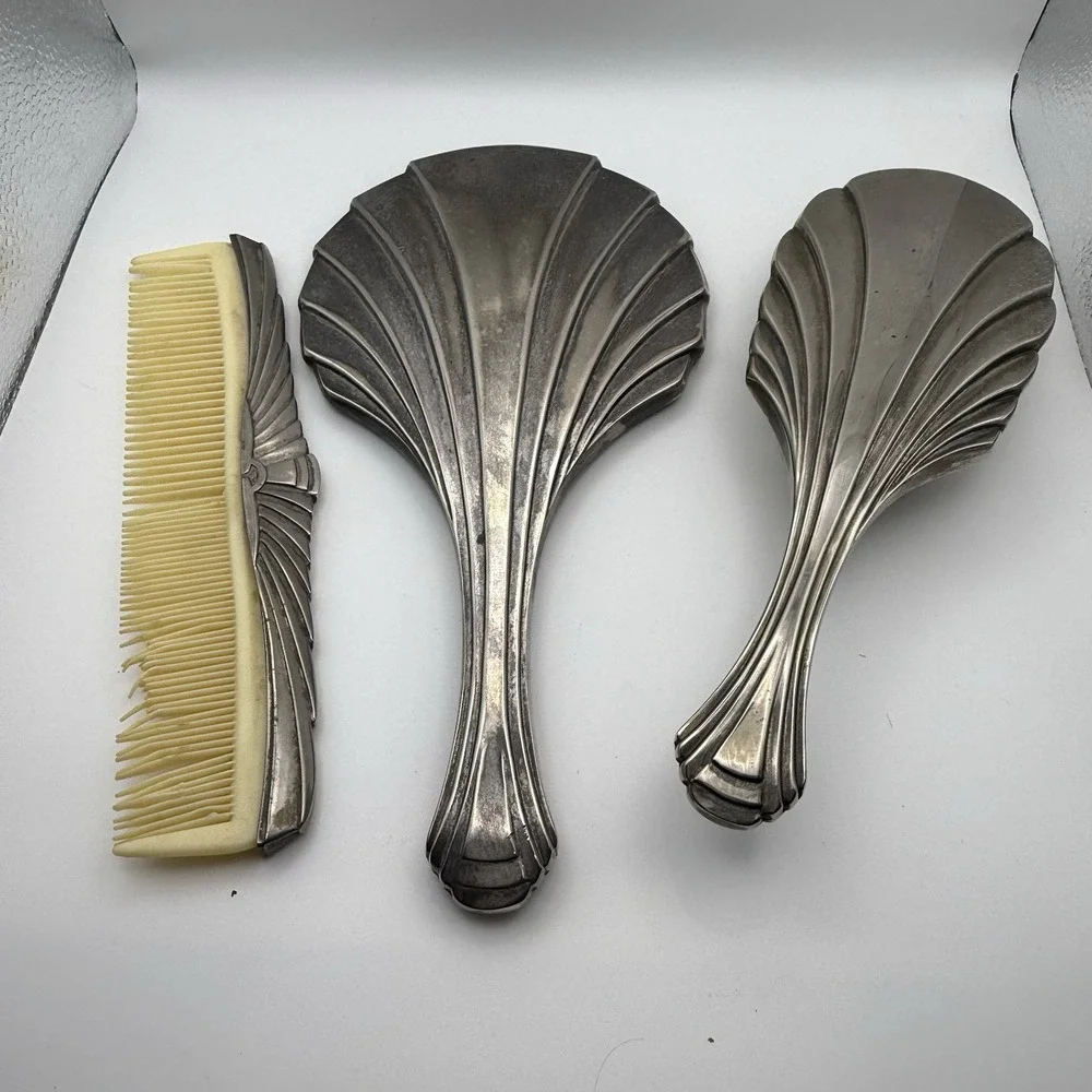 Vintage 3pc Vanity Set‎ Art Deco Silver Tone Hand Mirror Hair Brush Comb Shell